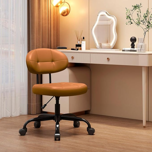 Misolant Small Office Chair, Armless Desk Chair with back, Cute Vanity Chair with wheels and Lumbar support, Comfy PU Leather Computer Chairs with Adjustable Height for Small Space, makeup Home, Brown