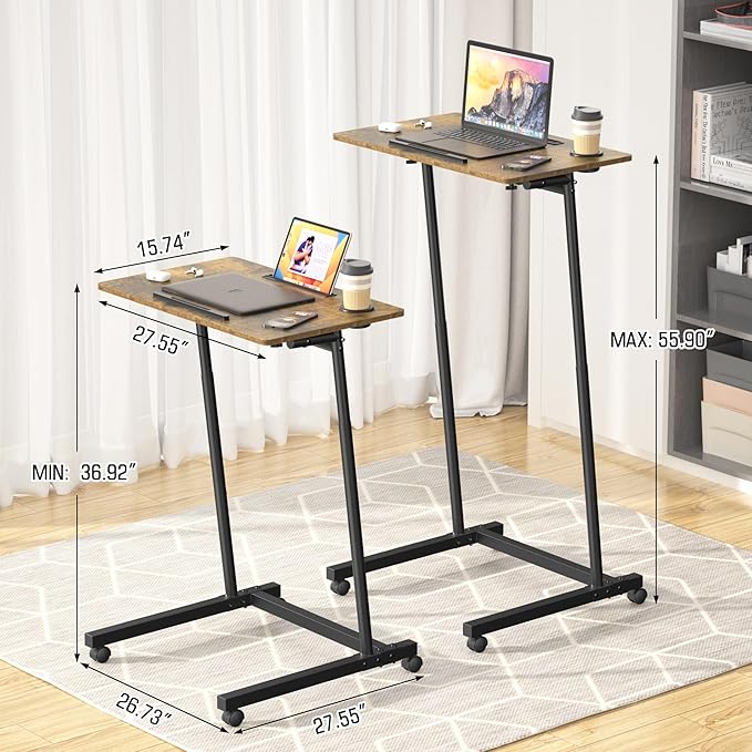 Eocnrhe Treadmill Desk, Mobile Small Standing Desk with Wheels for Walking Pad, Portable Table for Laptop, Rolling Table Adjustable Height, Bedside Table，Brown