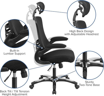 Flash Furniture Kelista High-Back Swivel Office Chair with Adjustable Lumbar Support and Seat Height, Ergonomic Mesh Desk Chair, Black