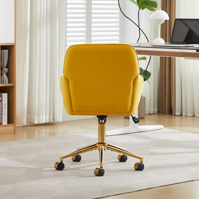 Velvet Home Office Desk Chair, Modern Cute Computer Task Chair with Back, Height Adjustable Upholstered Vanity Chair with Swivel Wheels for Women, Girls (Gold Base, Lemon Yellow