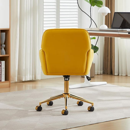 Velvet Home Office Desk Chair, Modern Cute Computer Task Chair with Back, Height Adjustable Upholstered Vanity Chair with Swivel Wheels for Women, Girls (Gold Base, Lemon Yellow