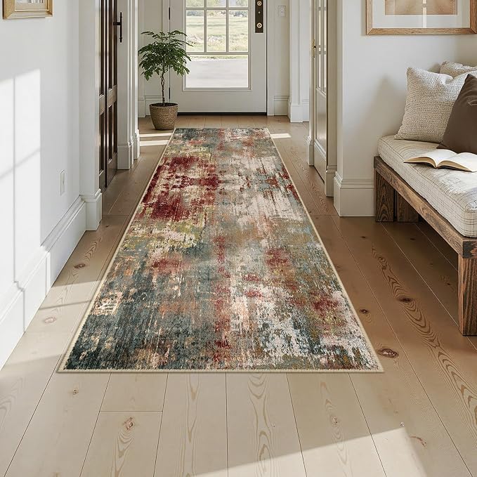 RELEANY Washable Area Rugs 3x9 Non-Slip Modern Abstract Soft for Living Room Entryway Bedroom Kitchen, Print Pattern, Brown Rust Red Green Blue Multi