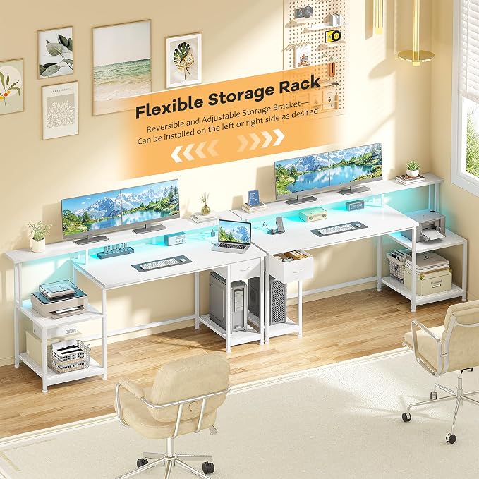 White Office Desk with 55" Long Monitor Stand and 18" Ample Printer Space, Computer Desk With RGB Lights and 3 AC Power Outlets, Zoned Storage Drawer and File Shelves, Study Desk, Writing Desk