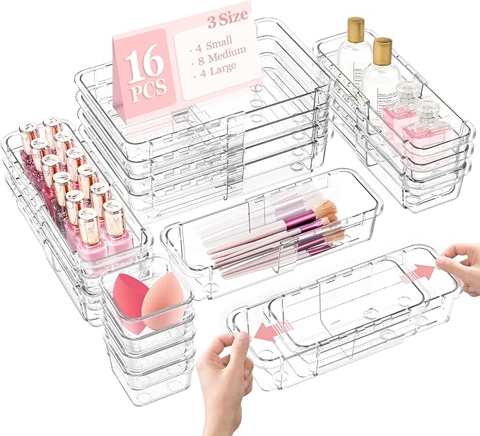 DILIBRA 16 Pcs Clear Extendable Drawer Organizer, 3-Size Adjustable | Plastic Non-Slip Storage Bins, For Makeup Cosmetic Jewelries, For Utensils Stationery, For Dressers Tool, Desk Drawer Storage