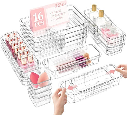 DILIBRA 16 Pcs Clear Extendable Drawer Organizer, 3-Size Adjustable | Plastic Non-Slip Storage Bins, For Makeup Cosmetic Jewelries, For Utensils Stationery, For Dressers Tool, Desk Drawer Storage
