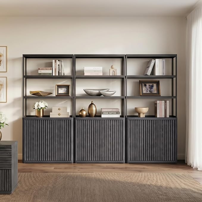 SICOTAS Book Shelf Fluted Bookshelf 71" Tall Bookcase with Doors Storage 5 Tier Mid Century Modern Bookshelves Large Shelves Metal Book Cases for Living Room Office Kitchen Library