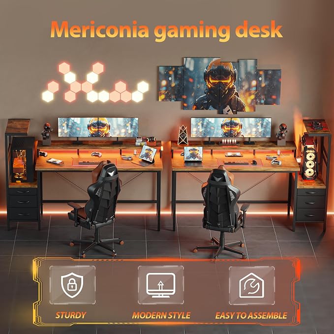 Mericonia 68 inch Gaming Desk with LED Lights & Power Outlets, Reversible Computer Desk with Storage Drawers & Monitor Stand, Large Gaming Table for Home Office