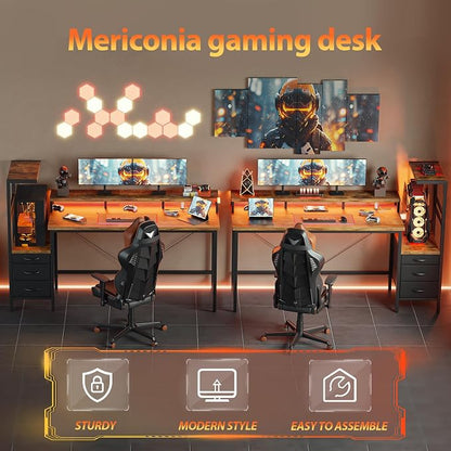 Mericonia 68 inch Gaming Desk with LED Lights & Power Outlets, Reversible Computer Desk with Storage Drawers & Monitor Stand, Large Gaming Table for Home Office
