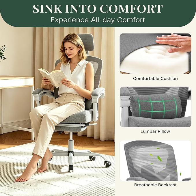 Ergonomic Office Chair with Footrest, High Back Home Desk Computer Chair with Lumbar Support & Headrest, 90-135° Reclining Mesh Back with Wheels for Work, Gaming, Grey