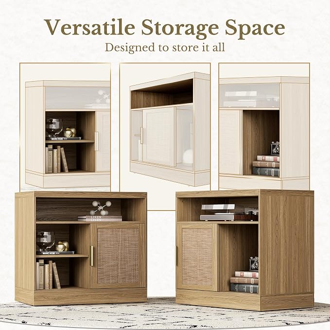 Rattan File Cabinet with Sliding Door, 32'' Lateral File Cabinet with Open Adjustable Shelves, Wood Filing Cabinet for Home Office, Natural Oak