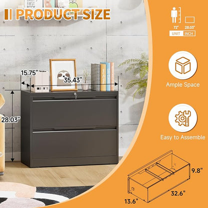 2-Drawer Metal File Cabinet with Lock,Steel Printer Stand with Storage for Home Office,Lateral Filing Cabinet for Legal/Letter/A4 Files,Assembly Required(35.43''W-2 Drawers,Black)