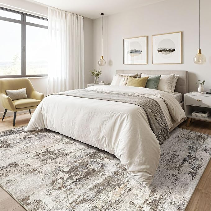 6x9 Area Rug Living Room: Washable Large Abstract Neutral Modern Soft Rugs Stain Resistant Indoor Floor Non-Slip Accent Carpet for Bedroom Nursery Playroom Dining Room Office Dorm Home- Brown Yellow