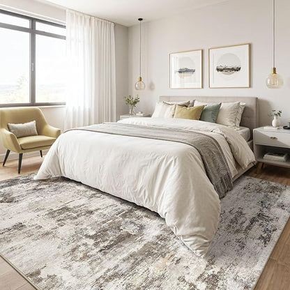 6x9 Area Rug Living Room: Washable Large Abstract Neutral Modern Soft Rugs Stain Resistant Indoor Floor Non-Slip Accent Carpet for Bedroom Nursery Playroom Dining Room Office Dorm Home- Brown Yellow