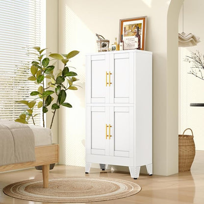 pozdeg Metal Storage Cabinet, 47.2" H Pantry Kitchen Storage Cabinets with 4 Doors and 2 Adjustable Shelves, Versatile Buffet Sideboards Cupboard for Home Office Garage or Gym (White)