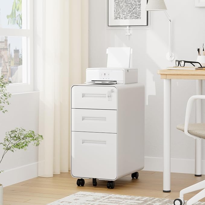 3 Drawers Slim File Cabinet, Mobile Filing Cabinet with Lock, Steel, Fully Assembled Except Casters, for Home Office, for A4, Letter, Legal File Folders, White