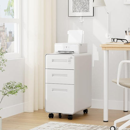 3 Drawers Slim File Cabinet, Mobile Filing Cabinet with Lock, Steel, Fully Assembled Except Casters, for Home Office, for A4, Letter, Legal File Folders, White