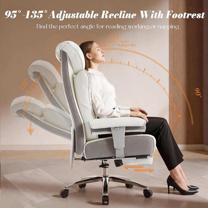 Efomao Big and Tall Executive Office Chair 450lbs,White | 5.9" Thick Pocket Spring Cushion, Reclining Breathable PU Leather Desk Chair with Foot Rest, Soft Comfortable Support