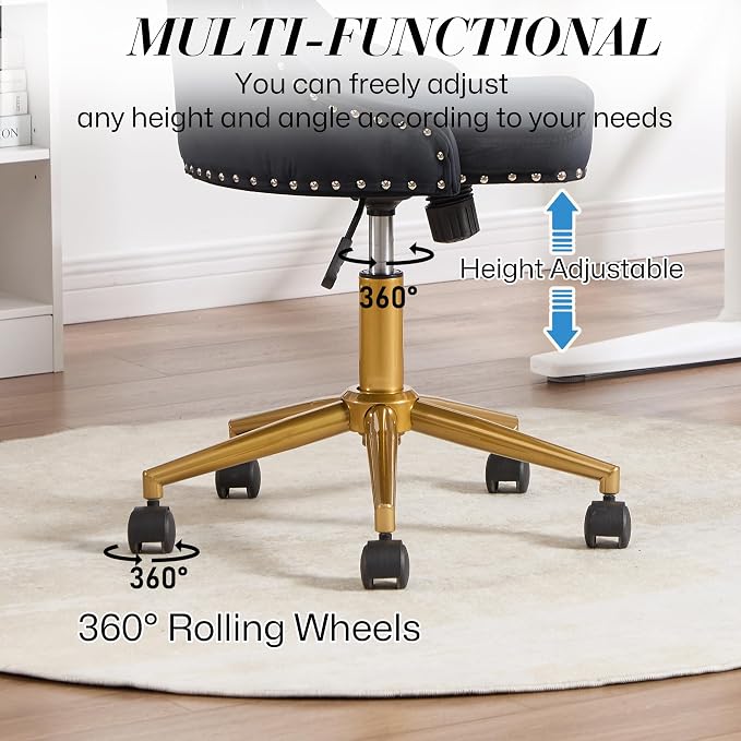 Velvet Armless Home Office Desk Chair, Swivel Height-Adjustable Small Cute Vanity Chair for Women/Girls, Comfy Makeup Chair with Rivet and Gold Base for Living Room, Bedroom(Black)