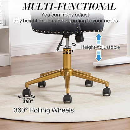 Velvet Armless Home Office Desk Chair, Swivel Height-Adjustable Small Cute Vanity Chair for Women/Girls, Comfy Makeup Chair with Rivet and Gold Base for Living Room, Bedroom(Black)