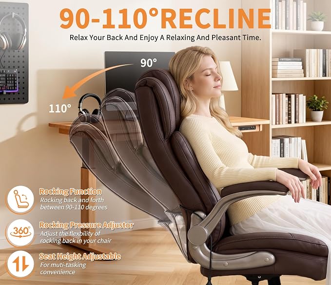 Large High Back Office Chair - Adjustable Lumbar Support Flip Up Arms Heavy Duty Quiet Wheels Metal Base Breathable Bonded Leather Ergonomic Executive Computer Desk Chair with Storage Bags, Brown
