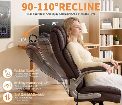 Large High Back Office Chair - Adjustable Lumbar Support Flip Up Arms Heavy Duty Quiet Wheels Metal Base Breathable Bonded Leather Ergonomic Executive Computer Desk Chair with Storage Bags, Brown