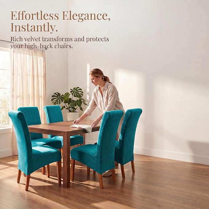 Deisy Dee Stretch XL/Oversized Extra Large Velvet Dining Room Chair Covers for Kitchen Dining，Removable Washable Chair Protectors Slipcovers (Turqouise, 4)