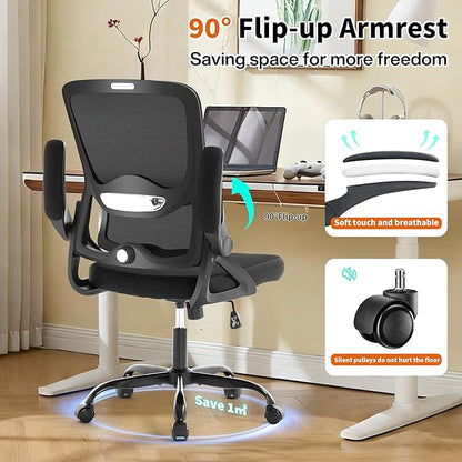 Ergonomic Office Chair,Mesh Office Chair with Lumbar Support,Mid Back Desk Chair with Flip-up Arms,400 lbs Comfy Computer Chair for Home Office (Jet Black)