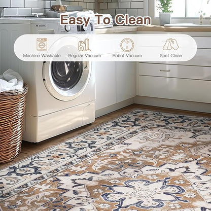 Lofus 4x6 Area Rugs for Living Room, Washable Area Rug, Rugs for Bedroom, Kitchen, Vintage Boho Carpet, Soft Non-Slip, Low Pile Large Area Rug for Office Dining Room, Floral Brown