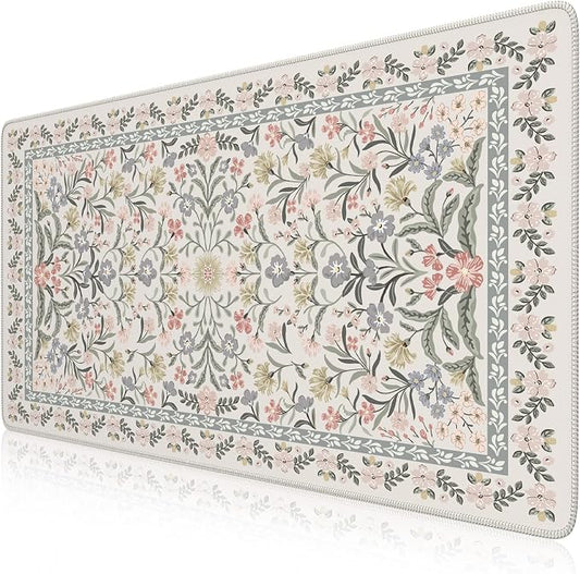 iCasso Desk Matt for Desktop, Cute Desk Pad Mat, XXL Large Mouse Pad, Anti-Slip Big Mousepad with Stitched Edges, Keyboard Pad for Computer(Gray Floral)