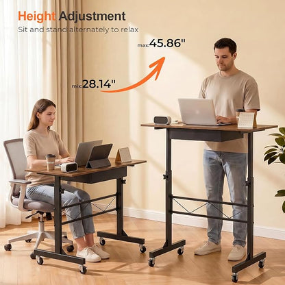COMHOMA Small Standing Desk with Storage Drawer, Mobile Height Adjustable Rolling Sit Stand Desk with Lockable Wheels 4‑Level Portable Laptop Desk for Small Space Home Office Treadmill Workstation