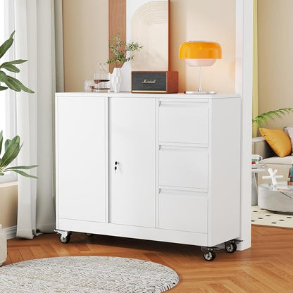 winiowa Mobile 3-Drawer File Cabinet with Wheel, Metal Lateral Rolling Printer Stand Filing Cabinets with Lock, Office Storage Cabinet for Office, Home, Garage, School, Gym-White