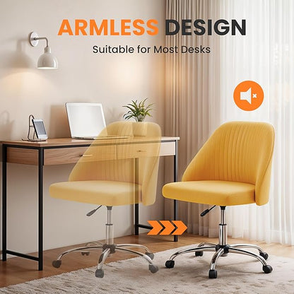 Simple Deluxe Armless Office Desk Chair, Modern Cute Swivel Vanity Chair Comfy Home Office Chairs with Wheels Height Adjustable Rolling Computer Task Stools for Living Room, Make-up, Bedroom, Yellow