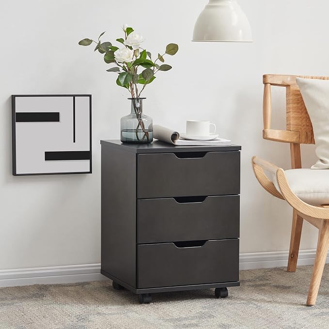 Farini 3-Drawer Vertical Filing Cabinet Rolling Wood Mobile File Cabinets Under Desk for Home Office with Casters,Black,Fully-Assembled