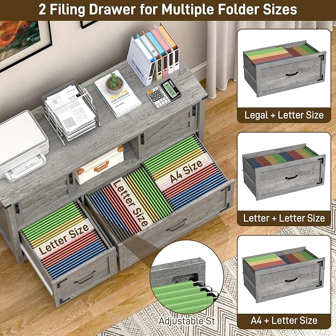 Halitaa Lateral File Cabinets 2 Drawer with Sliding Barn Doors, Farmhouse Filing Cabinet with 2 Drawer for Home Office，Filing Organization Storage Cabinets for Hanging Files Letter/Legal/F4/A4. Grey