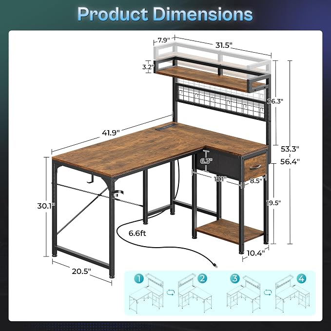 PRAISUN L Shaped Gaming Desk with Shelves, Corner Computer Table with LED Lights, Power Outlets and USB-C Ports, 42 Inch Reversible Home Office Desk with Storage Drawer, Work and Study, Rustic Brown