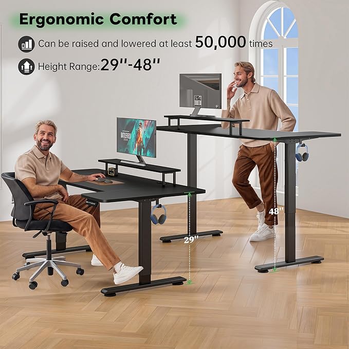 EnHomee U Shaped Electric Standing Desk, 71 x 36 Inch Height Adjustable Desk with Power Outlets, 3 Memory Heights, Monitor Shelf, Home Office Work Study Gaming Computer Desk