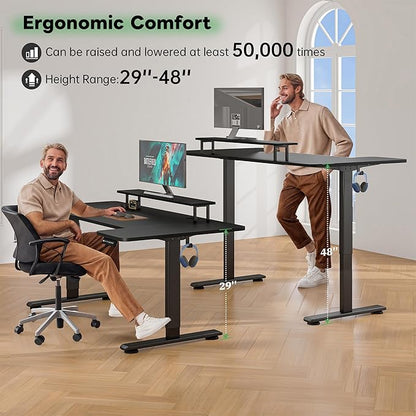 EnHomee U Shaped Electric Standing Desk, 71 x 36 Inch Height Adjustable Desk with Power Outlets, 3 Memory Heights, Monitor Shelf, Home Office Work Study Gaming Computer Desk