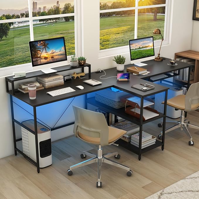 Tangkula 2-Person Reversible Computer Desk with LED Lights, 94.5” Long Office Desk with Power Outlets, Monitor Stand, Keyboard Tray & 2 Storage Shelves, Double Desk for Gaming Working Writing (Black)