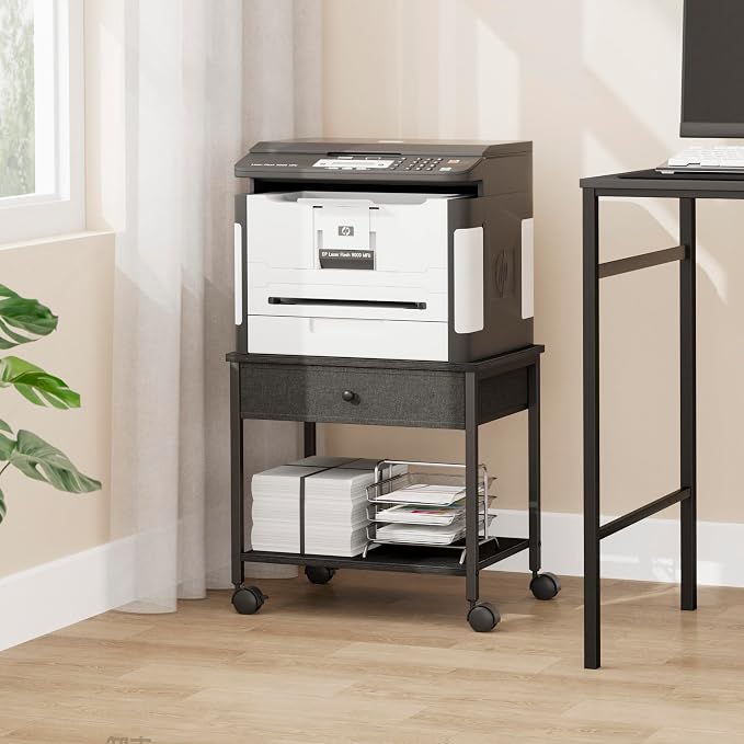 Homleke 2-Tier Under Desk Printer Stand with Drawer, Mobile Printer Table with Lockable Wheels, Heavy Duty Metal Frame & Wood Shelf, Fits Printers/Scanners/Fax Machines – Black, 15.7" Lx11.8 Wx15.7 H