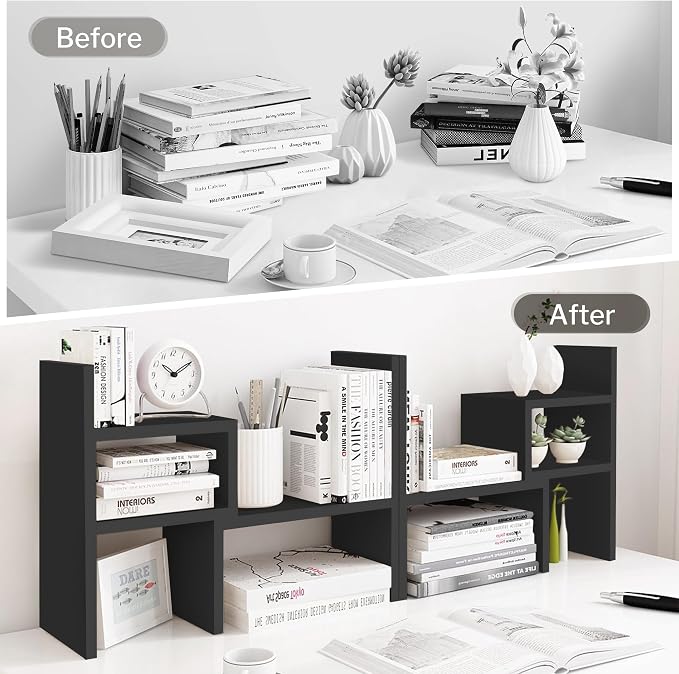 Jerry & Maggie Desktop Organizer Office Storage Rack Adjustable Wood Display Shelf, Birthday Gifts Toy Home Decor Free Style Rotation Display True Natural Stand Shelf (Black)