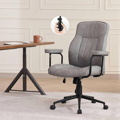 Mid Century Modern Office Chair with Inflatable Lumbar Support, Ergonomic Brown PU Leather Desk Chair with Arms, Height Adjustable Swivel Executive Computer Chair for Home Office, 300lbs