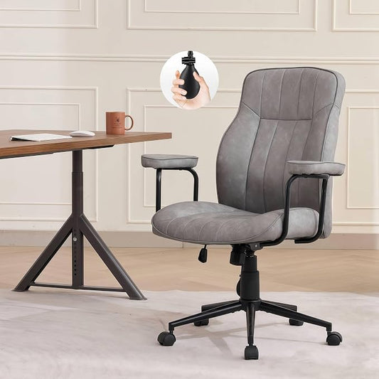 Mid Century Modern Office Chair with Inflatable Lumbar Support, Ergonomic Brown PU Leather Desk Chair with Arms, Height Adjustable Swivel Executive Computer Chair for Home Office, 300lbs