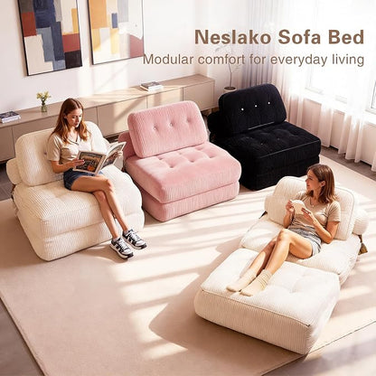 Folding Sofa Bed, Flannel Futon Couch Bed with Pillow and Blanket, Convertible Sleeper Chair for Living Room Bedroom (Pink+Black)