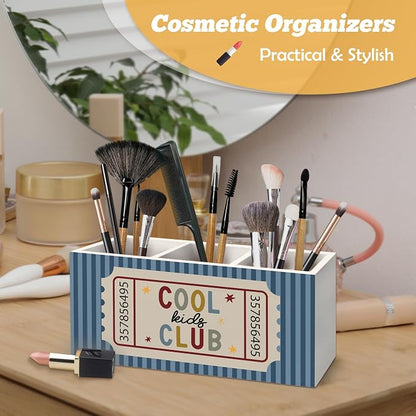 Classroom Pen Holder Organizer for Desk Accessories, Kids Room Decor, Cool Kids Club Retro Blue Striped Wooden Box Sign Desk Decorations for Classroom Boys Girls Room Bedroom Decor