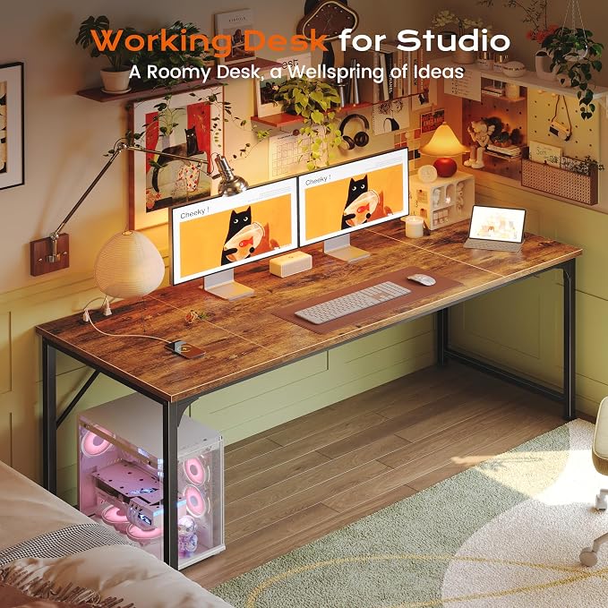 PRAISUN 63 X 30 Inch Computer Desk with Power Outlets & USB-C Port,Larger and Longer Office Desk with Deeper Desktop, Study, Bedroom, Writing Work from Home Table, Metal Frame, Rustic Brown