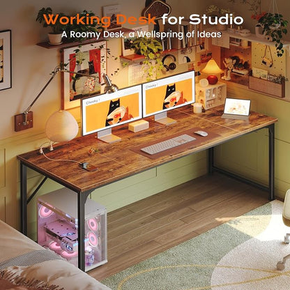 PRAISUN 63 X 30 Inch Computer Desk with Power Outlets & USB-C Port,Larger and Longer Office Desk with Deeper Desktop, Study, Bedroom, Writing Work from Home Table, Metal Frame, Rustic Brown