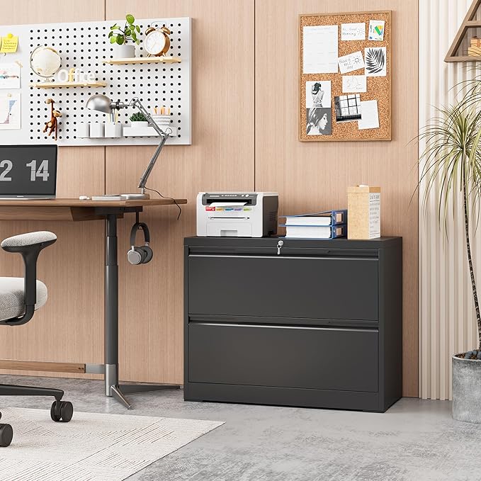 2-Drawer Metal File Cabinet with Lock,Steel Printer Stand with Storage for Home Office,Lateral Filing Cabinet for Legal/Letter/A4 Files,Assembly Required(35.43''W-2 Drawers,Black)