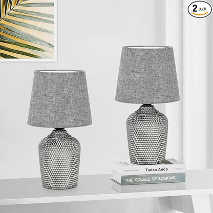 Sucolite 11.8'' Small Table Lamps Set of 2, Bedside Nightstand Lamps for Bedroom Kid’s Room, Cute Desk Lamps with Studded Texture Base for Reading Nursery Living Room Office, Grey