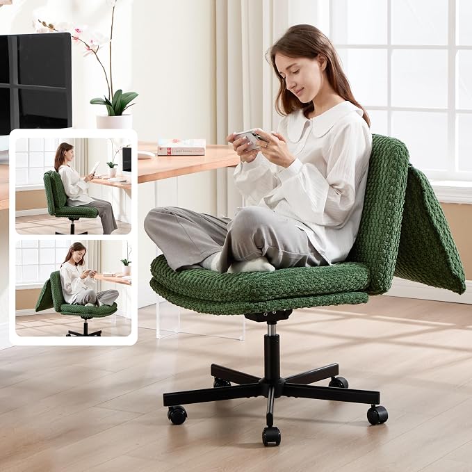 Fizzin Criss Cross Chair,Armless Cross Legged Chair with Wheels,Memory Foam Seat Office Desk Chair with Flipable Back Cushion,Mid Back Swivel Chair for Home Office,Bedroom Vanity (Green)