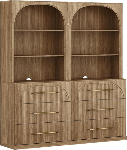 BELLEZE Set of 2 Tall Arched Storage Cabinet with Hutch and Drawers, Wood Highboard for Living Room and Home Office, Camel